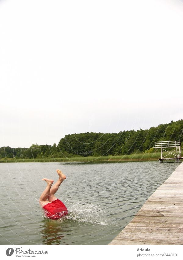 Mann springt mit roter Badehose in den See Freude Leben Schwimmen & Baden Ferien & Urlaub & Reisen Ausflug Sommer Sommerurlaub Mensch maskulin Erwachsene Beine