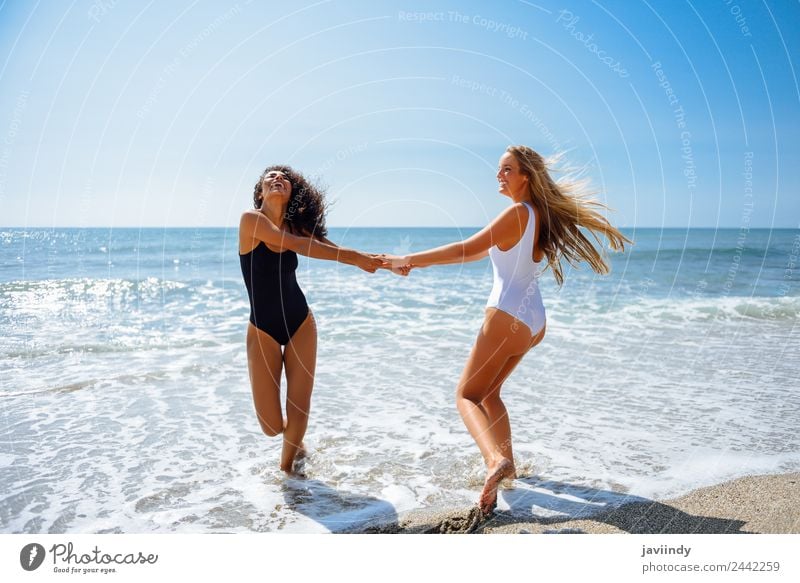 Zwei Frauen mit den Händen am Strand gefangen. Lifestyle Freude Freizeit & Hobby Ferien & Urlaub & Reisen Sommer Mensch feminin Junge Frau Jugendliche