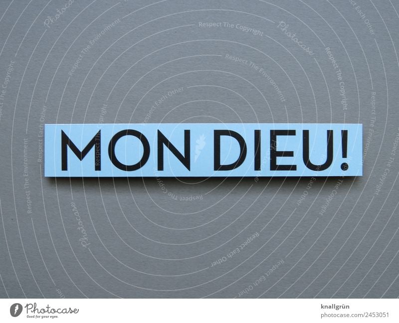 MON DIEU! Schriftzeichen Schilder & Markierungen Kommunizieren blau grau schwarz Gefühle Begeisterung Glaube Überraschung entdecken Religion & Glaube Ausruf