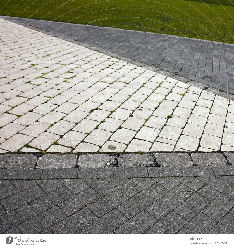 Flächen Gras Wiese Wege & Pfade Pflastersteine Pflasterweg Stein Linie grau grün Farbfoto Außenaufnahme abstrakt Muster Strukturen & Formen Textfreiraum oben