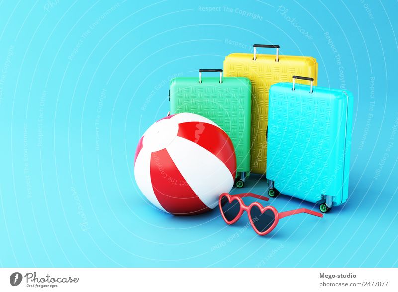3d Reisekoffer mit Beachball und Sonnenbrille. Lifestyle Freude Erholung Freizeit & Hobby Ferien & Urlaub & Reisen Tourismus Ausflug Abenteuer Sommer Strand