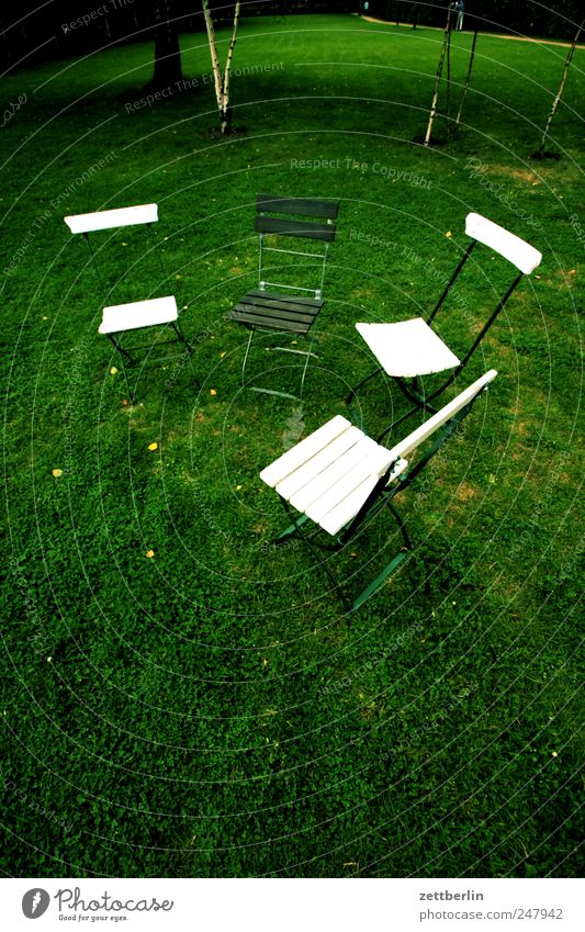 Drei Stühle und ein Stuhl 3 4 ausnahme Außenseiter Schwarzes Schaf Campingstuhl Klappstuhl Gartenstuhl Möbel Gartenmöbel Gras Wiese Menschenleer frei sitzen