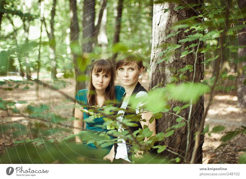 zwei fräulein steh'n im walde... feminin Junge Frau Jugendliche Erwachsene Freundschaft 2 Mensch 18-30 Jahre Umwelt Natur Pflanze Schönes Wetter Baum Blatt Wald