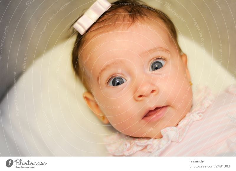 Kleines Babymädchen mit lustigem Überraschungsausdruck auf dem Gesicht Freude Glück schön Leben Kind Fotokamera Mensch Mädchen Kindheit 1 3-8 Jahre Lächeln