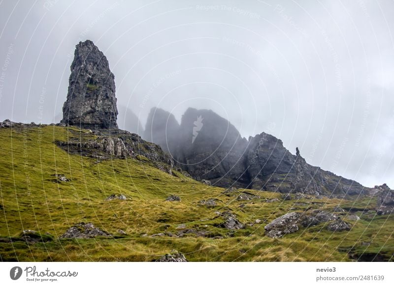 Old Man of Storr auf der Isle of Skye in Schottland Landschaft Herbst Klima Wetter schlechtes Wetter Nebel Gras Wiese Hügel Felsen Berge u. Gebirge Gipfel grün