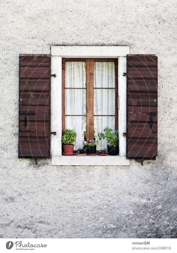 Am Fenster. Dorf Kleinstadt Einfamilienhaus Traumhaus Hütte Gebäude ästhetisch Fassade Haus Fensterscheibe Fensterladen Fensterbrett Fensterrahmen Fenstersims
