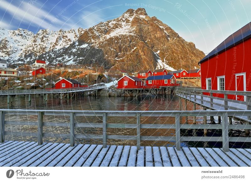 Rote Hütten - Gasthaus im Hafen von A i Lofoten. Sorvagen-Norwegen-0326 Fisch Meeresfrüchte ruhig Angeln Ferien & Urlaub & Reisen Tourismus Sonne Insel Winter