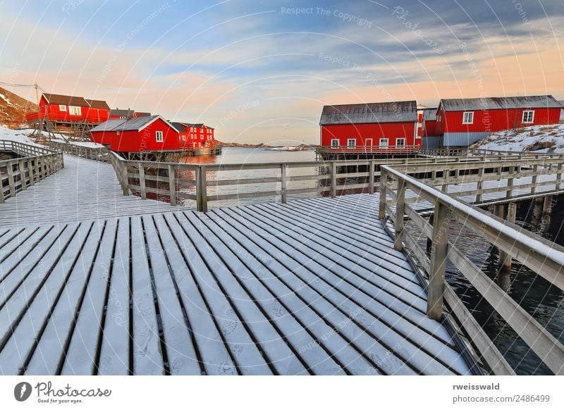 Rote Hütten - Rorbuer. Holzgangplanken. A i Lofoten-Norwegen-0328 Fisch Meeresfrüchte Erholung ruhig Angeln Ferien & Urlaub & Reisen Tourismus Sightseeing Sonne