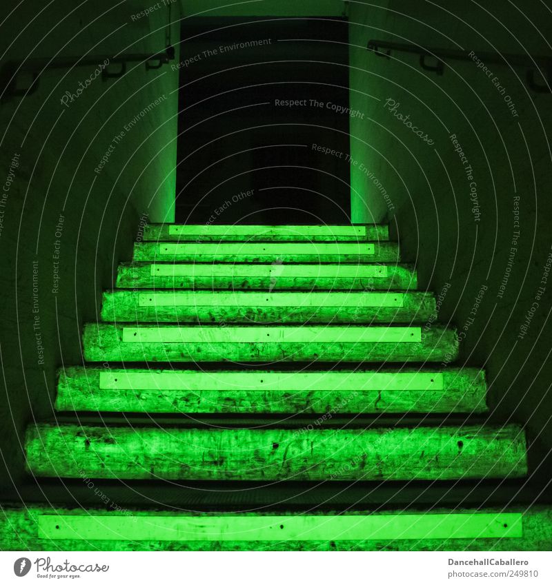leuchtende Treppe in grün Keller Gebäude Treppenhaus Fluchtweg Ausgang Architektur dunkel Beton Ausweg gruselig schwarz Angst Todesangst Notausgang Bunker