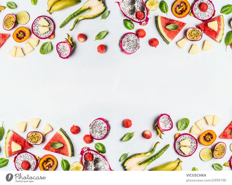 Bunte exotische Früchte Hintergrund Rahmen auf weiß Lebensmittel Frucht kaufen Stil Design Gesundheit Gesunde Ernährung gelb Hintergrundbild Vitamin Südfrüchte