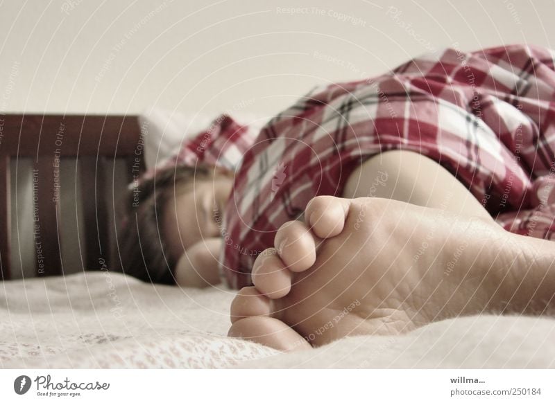 Sleep well, my dear, sleap well ... Schlafende junge Frau, deren Fuß unter einer karierten Bettdecke hervorschaut Zehen schlafen liegen müde junges Mädchen