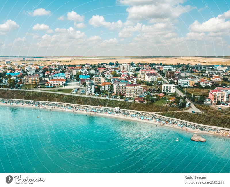 Luftaufnahme des Costinesti Beach Resort in Rumänien am Schwarzen Meer Strand Fluggerät Aussicht Sand Hintergrundbild Wasser oben Ferien & Urlaub & Reisen blau