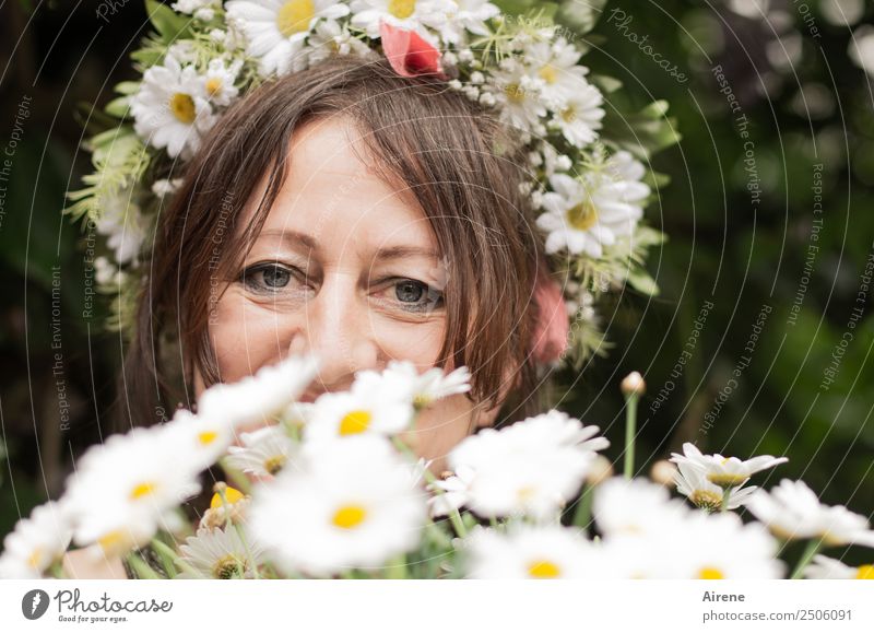 zum Ehrentag Mensch feminin Frau Erwachsene Kopf Haare & Frisuren Gesicht 45-60 Jahre Sommer Blume Blüte Blumenstrauß Margerite Blumenkranz