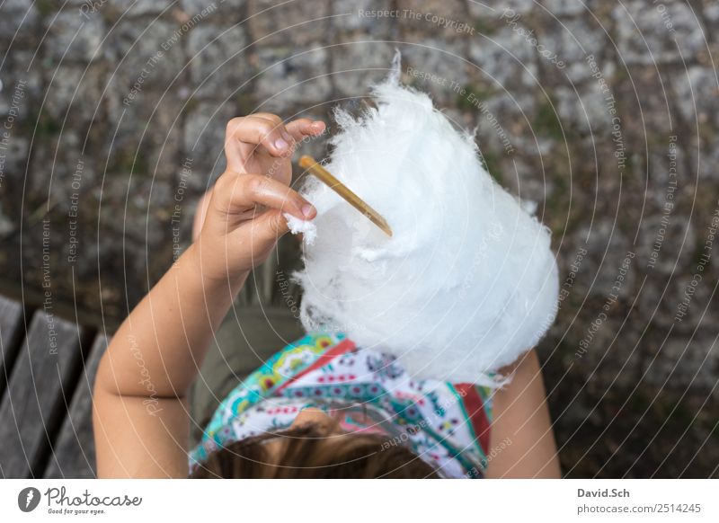 Mädchen zupft ein Stück Zuckerwatte ab Süßwaren Essen Mensch Kind Hand 1 3-8 Jahre Kindheit berühren genießen mehrfarbig grau weiß zupfen Klebrig Farbfoto