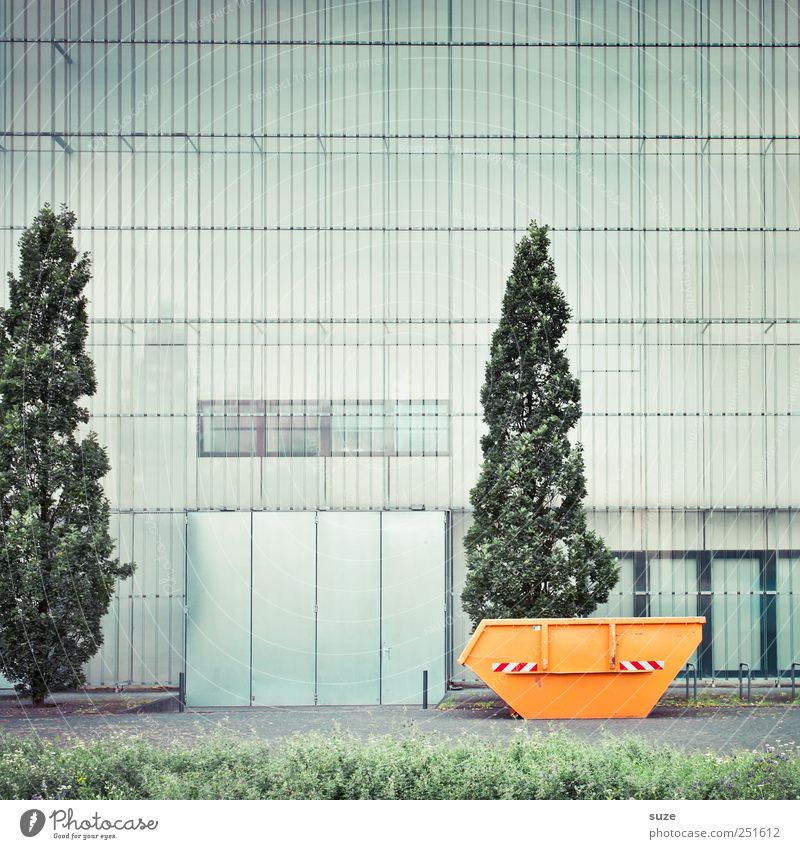 Container Kunst Museum Kultur Baum Wiese Stadt Bauwerk Architektur Fassade Fenster Wachstum hoch trist grün orange Ordnung Wandel & Veränderung