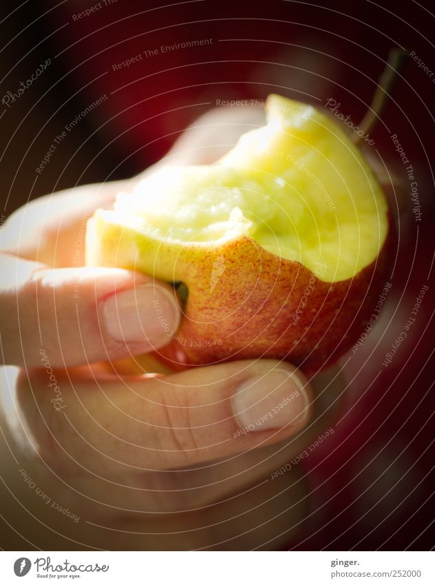 Die Versuchung [CHAMANSÜLZ 2011] Hand Finger Essen Apfel angebissen abgebissen anbieten lecker Frucht Farbfoto mehrfarbig Außenaufnahme Nahaufnahme