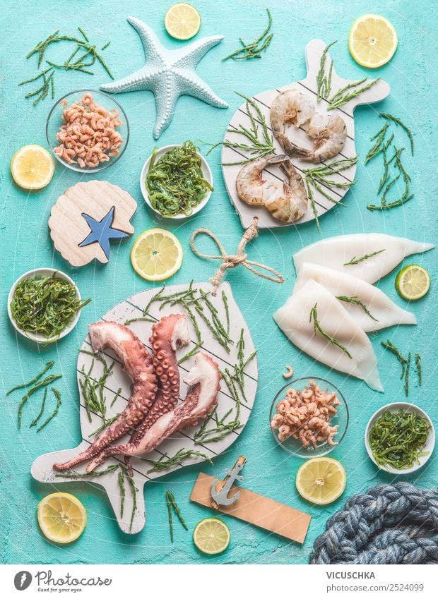 Meeresfrüchte Sortiment Lebensmittel Ernährung Mittagessen Geschirr kaufen Stil Design Gesunde Ernährung Tisch Restaurant Garnelen Essen zubereiten Octopus