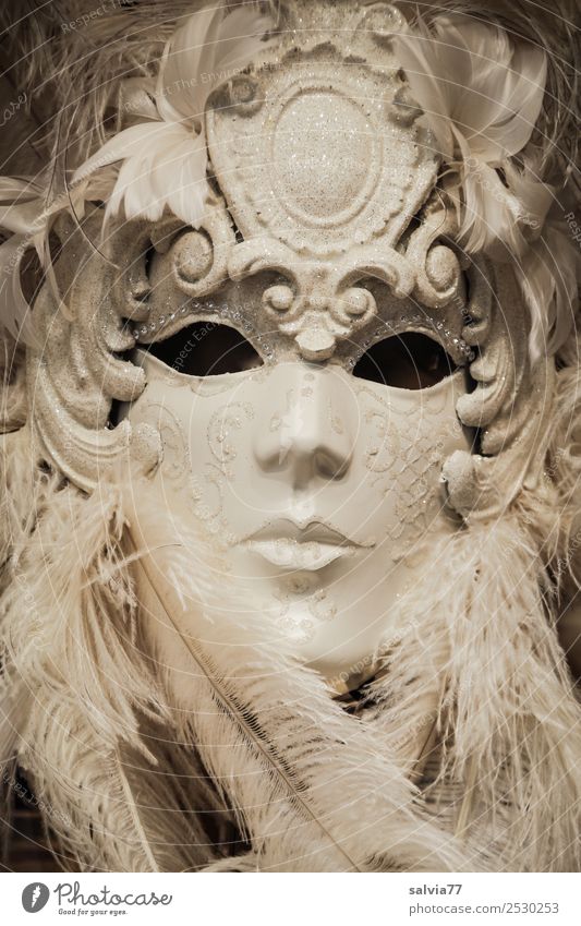 Emotion | Verborgen Gesicht Maske schwarz weiß Karnevalsmaske Metallfeder Federschmuck Blick leer ausdruckslos Starrer Blick verstecken Venedig Schwarzweißfoto