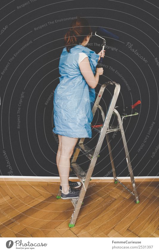 Woman in protective clothes coloring a wall with a paint roller Freizeit & Hobby feminin Frau Erwachsene 1 Mensch Kreativität Leiter malerleiter streichen