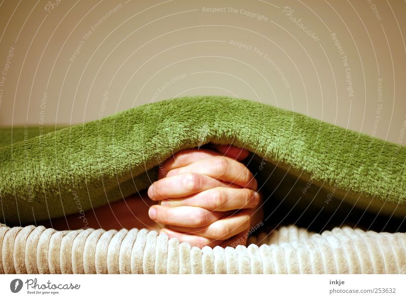 beten (undercover) Lifestyle harmonisch Wohlgefühl Zufriedenheit Erholung Häusliches Leben Finger Hand Decke Denken Kommunizieren liegen warten unten weich