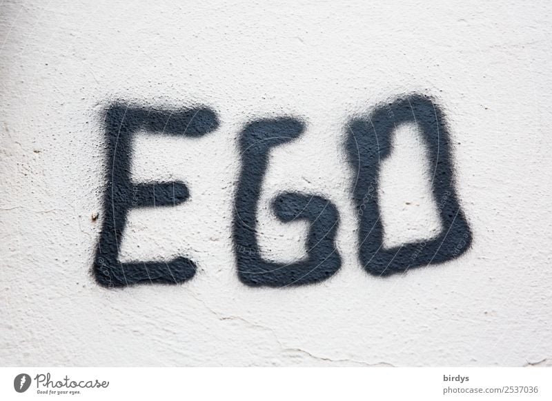 EGO Mauer Wand Schriftzeichen Graffiti authentisch einfach frei einzigartig nah positiv grau schwarz weiß Liebe Menschlichkeit Wahrheit Übermut egoistisch