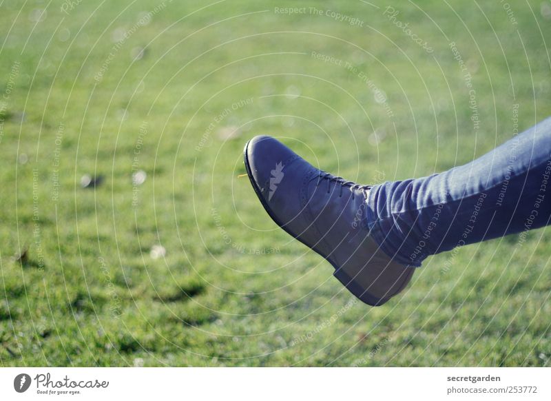 kick it like beckham! Beine Fuß 1 Mensch Gras Wiese Bekleidung Hose Schuhe blau grün dünn Röhrenjeans Textfreiraum oben Vor hellem Hintergrund Freisteller