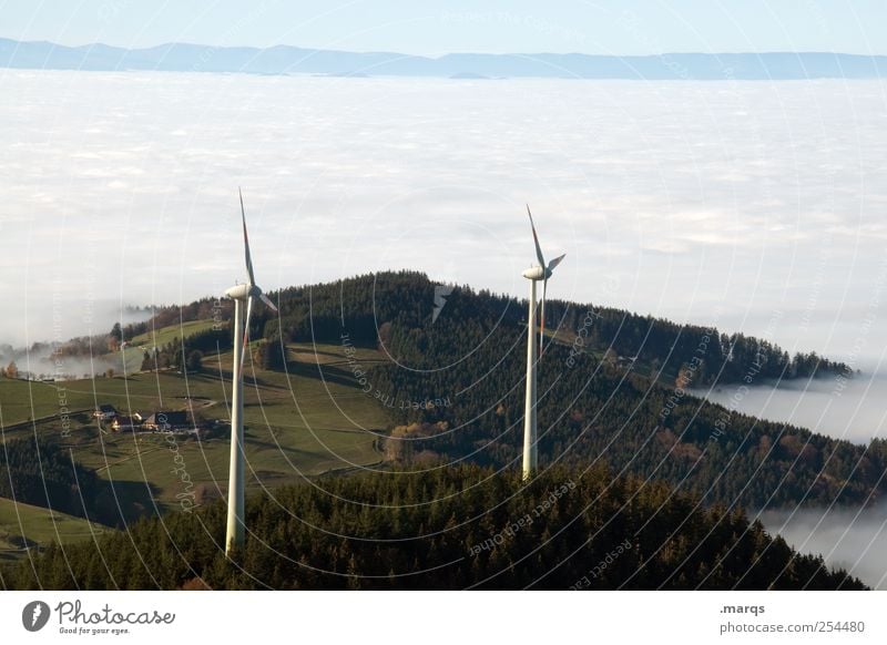 Windkraft Energiewirtschaft Fortschritt Zukunft Erneuerbare Energie Windkraftanlage Windrad Umwelt Natur Landschaft Urelemente Himmel Wolken Nebel Wald Hügel