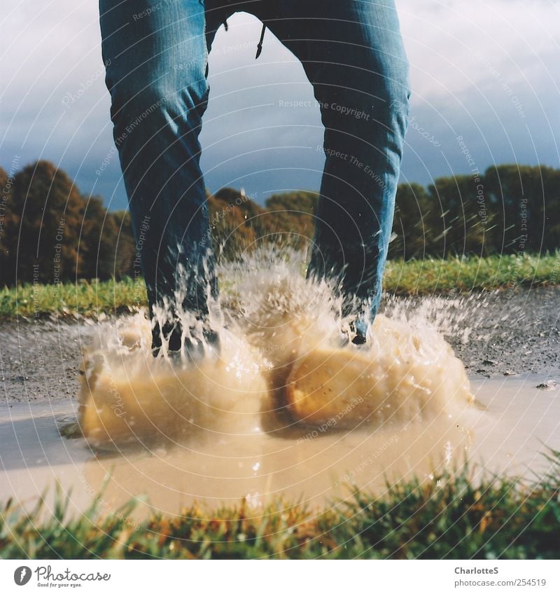Zweifüßler Beine Fuß Oberschenkel 1 Mensch Natur Wasser Wassertropfen schlechtes Wetter Wiese Feld Pfütze spritzen Regen Wege & Pfade Jeanshose Gras