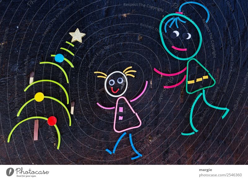 Gummiwürmer: Weihnachtsüberraschung! Mutter und Tochter vor dem Weihnachtsbaum Feste & Feiern Weihnachten & Advent feminin Kleinkind Mädchen Junge Frau