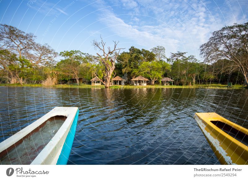 boot-fahrt Natur blau gelb grau grün Sri Lanka See Bootsfahrt Wasserfahrzeug ruhig Aussicht Kühlung Hütte Baum genießen friedlich Ferien & Urlaub & Reisen