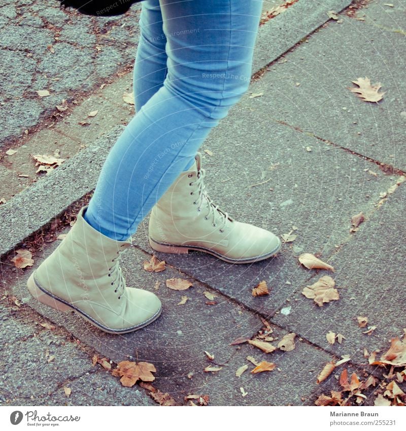 Herbst Jeanshose Schuhe gehen blau grau Mode modern Frau mädchenhaft Jeansstoff Dynamik Bekleidung Jugendliche Junge Frau Beine Damenschuhe Damenmode Blatt
