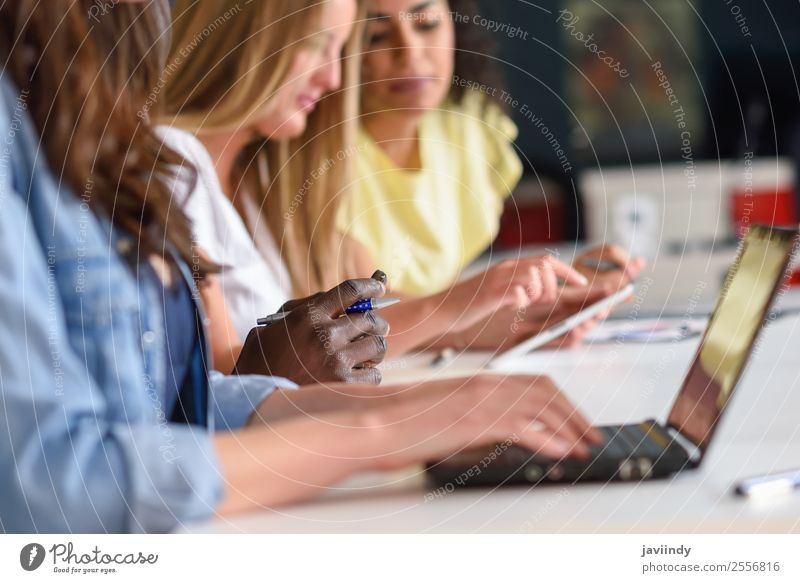 Junge Frau studiert mit Laptop-Computer auf weißem Schreibtisch. Lifestyle Tisch Schule lernen Studium Arbeit & Erwerbstätigkeit Büro Business Sitzung Notebook