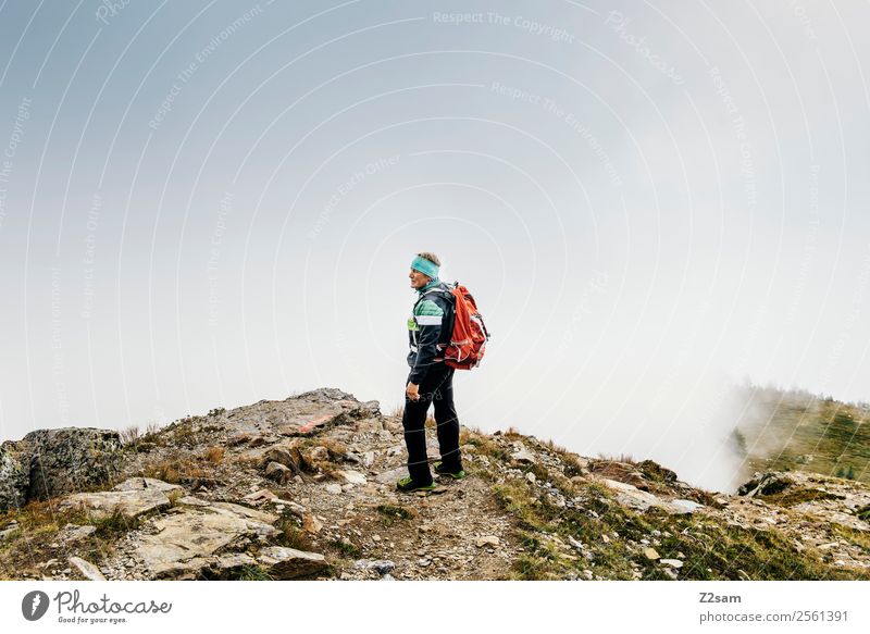 Rentner am Gipfel Abenteuer Berge u. Gebirge wandern Mann Erwachsene Männlicher Senior 60 und älter Natur Landschaft Herbst Nebel Alpen Rucksack stehen
