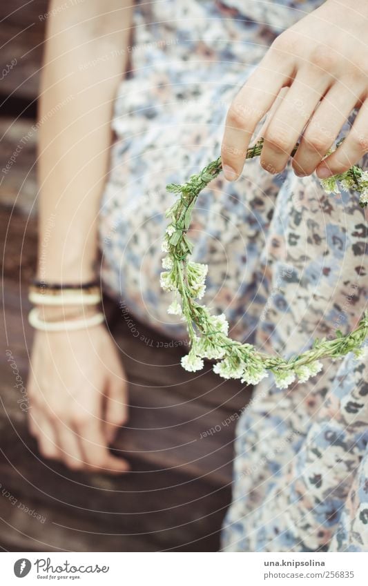 couronne feminin Frau Erwachsene Hand 1 Mensch Pflanze Blüte Mode Kleid Accessoire Armband Haarschmuck Kranz Blumenkranz festhalten Fröhlichkeit rund