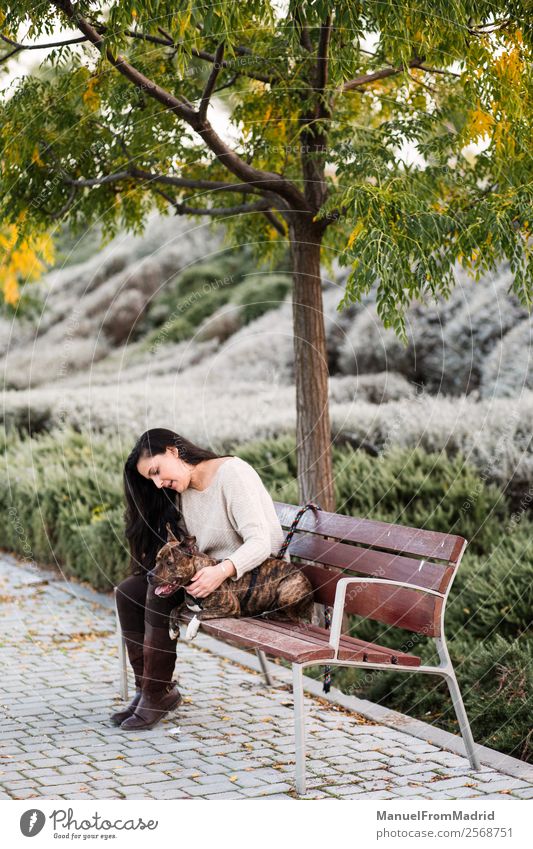 Frau sitzt mit ihrem Hund auf einer Bank. Lifestyle schön Erwachsene Freundschaft Tier Baum Park Haustier sitzen niedlich Partnerschaft Erholung Freiheit