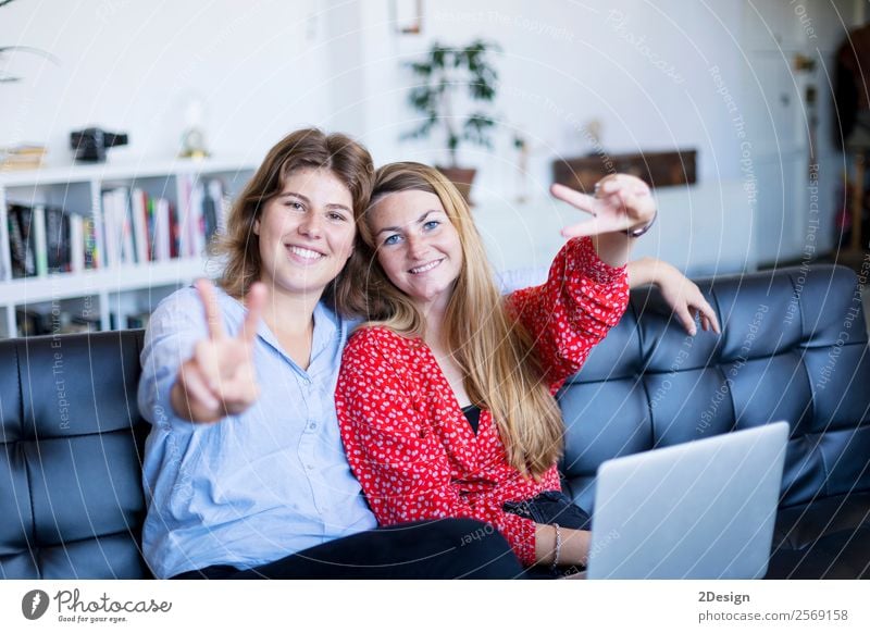 fröhliche Teenagermädchen auf einem Sofa sitzend Lifestyle kaufen Freude Glück schön Zufriedenheit Freizeit & Hobby Erfolg sprechen Computer Notebook