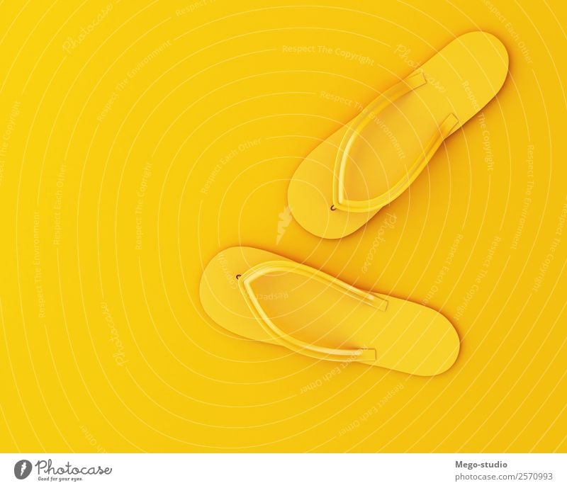 3d Flip Flops auf gelbem Hintergrund. Sommer-Konzept Design Freude Erholung Freizeit & Hobby Ferien & Urlaub & Reisen Strand Fuß Mode Bekleidung Schuhe