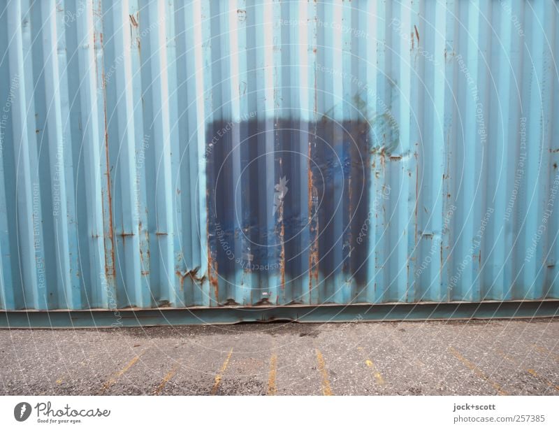 Container, Hamburger Hafen als Quadrat Metall Streifen eckig fest blau stagnierend Rost Kratzspur Farbfehler Lack Zahn der Zeit Gedeckte Farben abstrakt