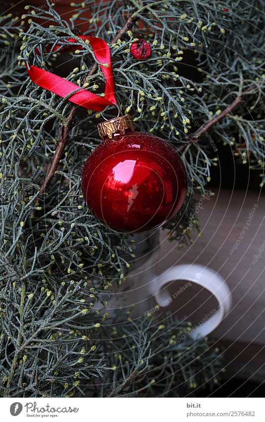 Nostalgische, festliche Weihnachtsdekoration mit zarten Tannenzweigen, roter Kugel und Geschenkband. Rote Weihnachtskugel hängt glänzend an Zweigen. Leuchtende Christbaumkugel aufgehängt an Ästen in alter weisser, nostalgischer Kanne aus Porzellan zuhause.