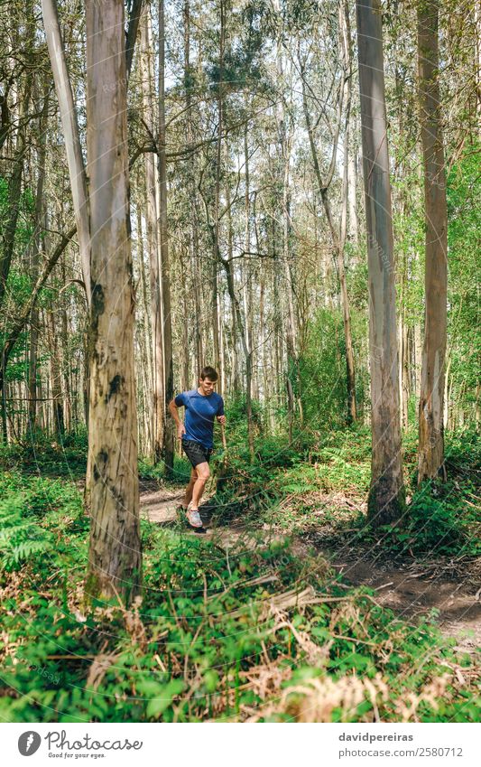 Junger Mann auf Spurensuche Lifestyle Abenteuer Berge u. Gebirge Sport Mensch Erwachsene Natur Baum Wald Wege & Pfade Fitness authentisch Geschwindigkeit