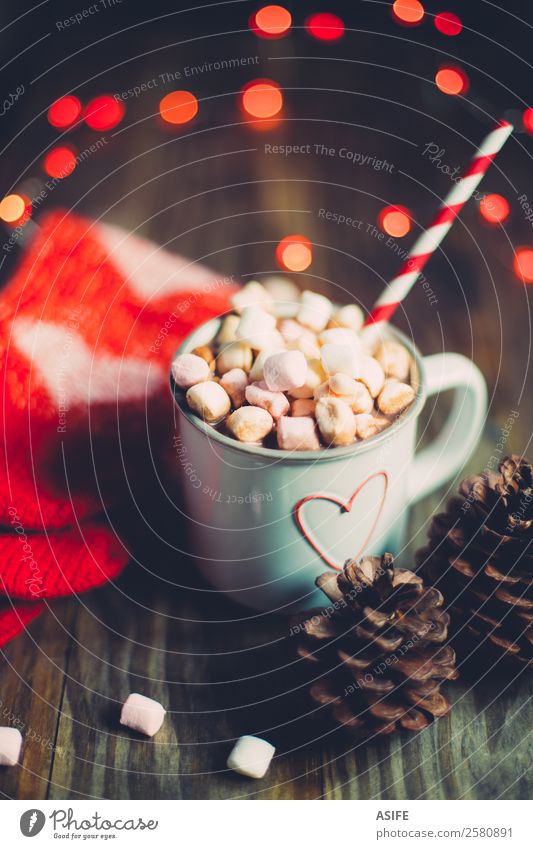 Weihnachtliche heiße Schokolade mit Socken und Pinienzapfen Frühstück Getränk Kakao Winter Wärme Holz Herz lecker rot Tradition Weihnachten Marshmallows Becher