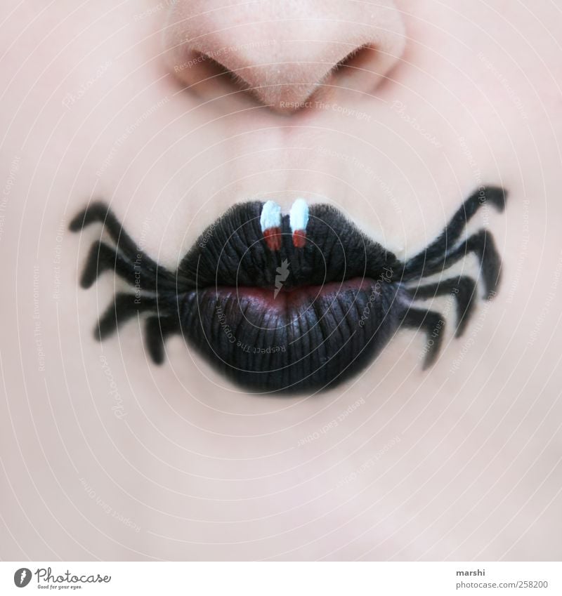 schwarze Witwe Mensch Haut Gesicht Mund Lippen Tier Spinne Ekel Angst Spinnenbeine Schminke angemalt malen Symbole & Metaphern Insekt Farbfoto Innenaufnahme