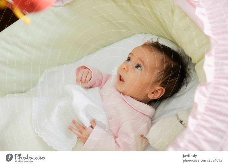 Babymädchen zwei Monate alt, das eine Puppe in seiner Krippe ansieht. Freude Glück schön Gesicht Leben Kind Fotokamera Mensch Mädchen Kindheit 1 0-12 Monate