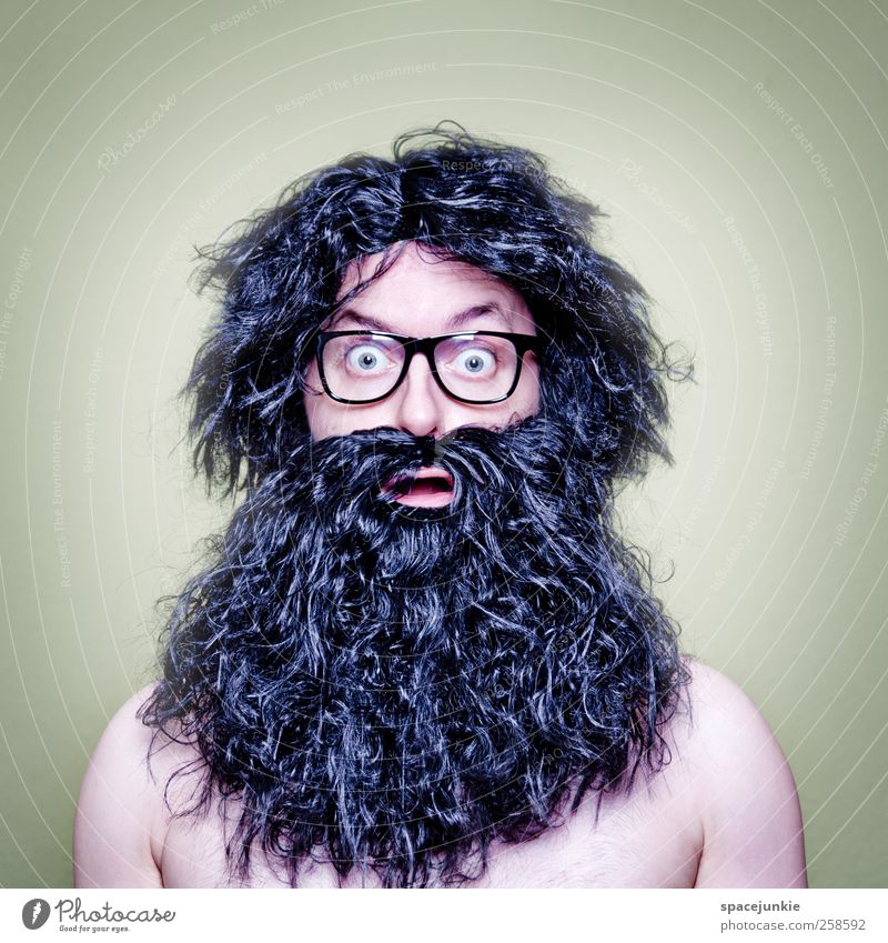 Hair Mensch maskulin Mann Erwachsene 1 30-45 Jahre beobachten schwarz Brille Freak Haare & Frisuren Urzeitmensch skurril Humor lustig erstaunt Schrecken wild