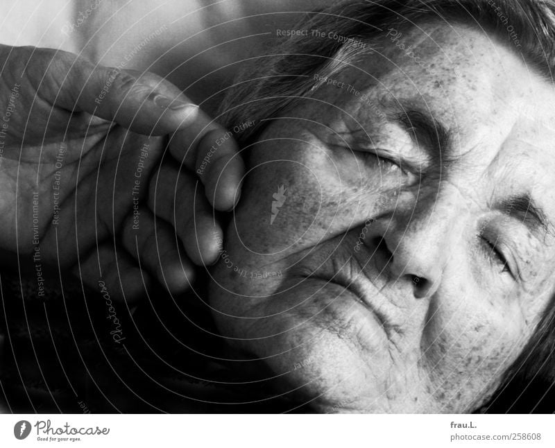 zärtlich Weiblicher Senior Frau Gesicht 1 Mensch 60 und älter schlafen alt Schutz Liebe Mitgefühl Menschlichkeit Endlichkeit hochaltrig Greisin Schwarzweißfoto