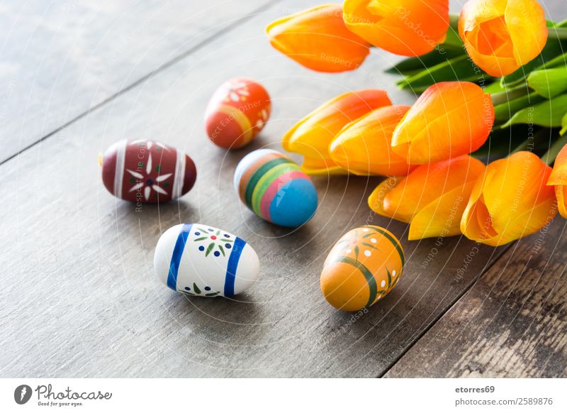 Ostereier und Tulpen auf Holzuntergrund Ostern Ei Farbe Ferien & Urlaub & Reisen Feste & Feiern Feiertag Hintergrundbild Gast Dekoration & Verzierung festlich