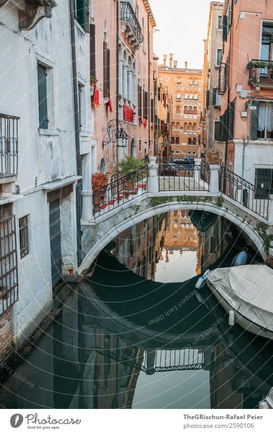 Brücke - Spiegelung Kleinstadt Stadt Hafenstadt Sehenswürdigkeit gelb gold grau grün rot schwarz weiß Venedig Italien Reflexion & Spiegelung Wasserfahrzeug