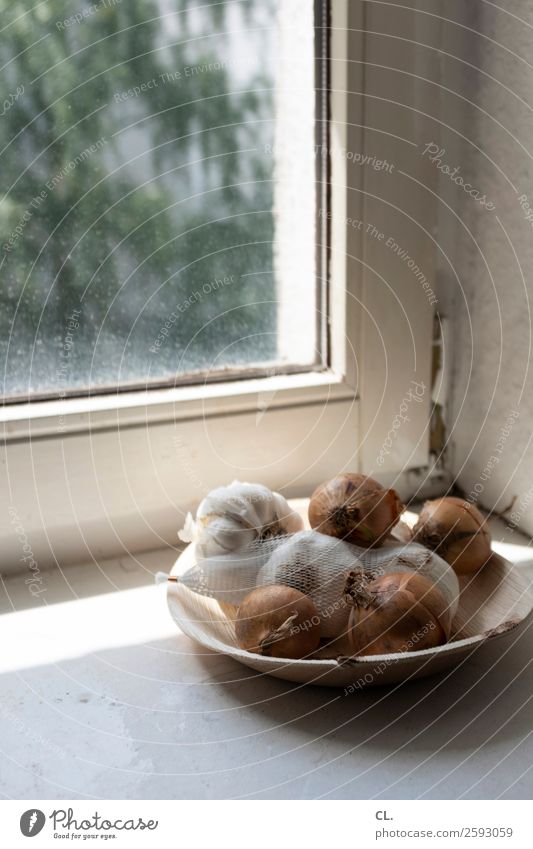 zwiebeln und knoblauch Lebensmittel Gemüse Zwiebel Knoblauch Ernährung Teller Schalen & Schüsseln Häusliches Leben Wohnung Fenster Fensterbrett einfach