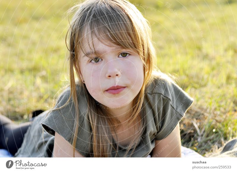 sommerkind II Kind Mädchen Kindheit Kopf Haare & Frisuren Gesicht Auge Nase Mund Lippen 3-8 Jahre Natur Sonnenlicht Sommer Schönes Wetter Gras Wiese Blick