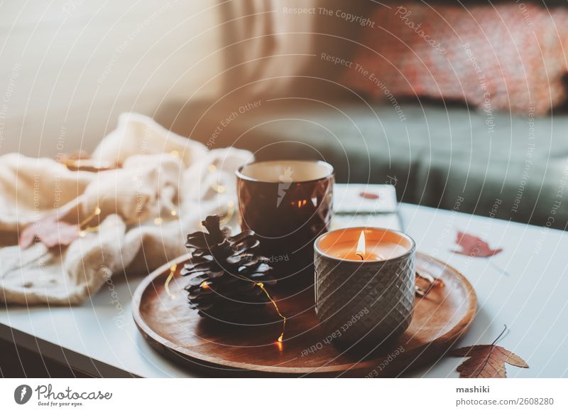 gemütlicher Herbst- oder Wintermorgen zu Hause. Frühstück Tee Lifestyle Erholung Dekoration & Verzierung Tisch Buch Landschaft Holz heiß natürlich Geborgenheit